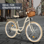 Bicicleta de paseo genérica Komfort, bicicleta urbana con cesta de mimbre, bicicleta para mujer, estilo holandés, 28 pulgadas, crema y marrón, 7 velocidades