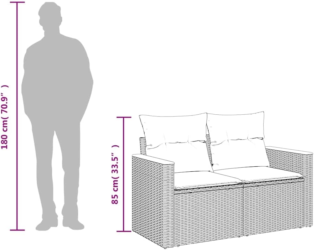 Sofá de jardín vidaXL de 2 plazas con cojines, sofá con compartimento de almacenaje bajo el asiento, sofá de terraza con funda extraíble y lavable, juego de muebles de jardín, ratán sintético gris