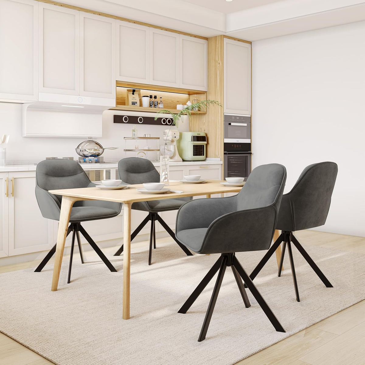 Juego de 6 sillas de comedor giratorias con reposabrazos: silla de comedor giratoria 360°, silla tapizada de terciopelo, silla de cocina giratoria con patas de metal para comedor, cocina, sala de estar, gris oscuro