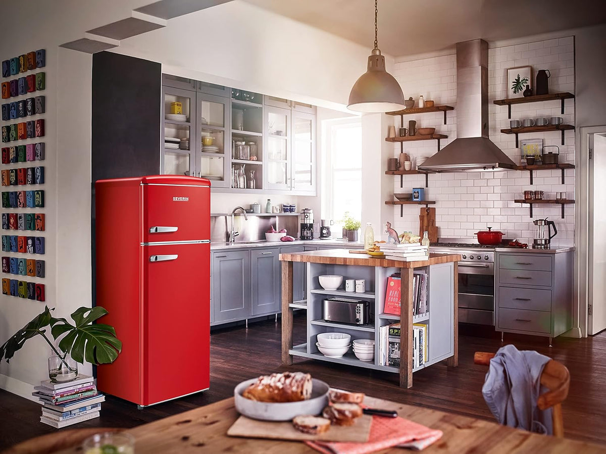 SEVERIN Frigorífico Congelador 2 puertas, Libre instalación, Anchura 55 cm, 206L, Clase E, Veggibox incluida, Retro, Rojo, RKG 8930