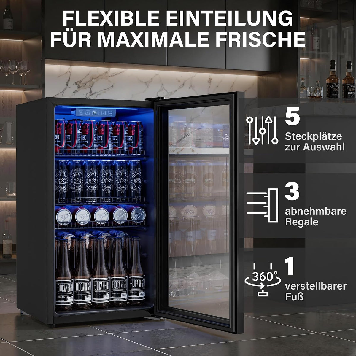 Refrigerador de bebidas Airfish de 90 l con frente de cristal, mininevera con estantes ajustables: para 128 latas, cerveza, vino y bebidas; ideal para el hogar, bar y oficina