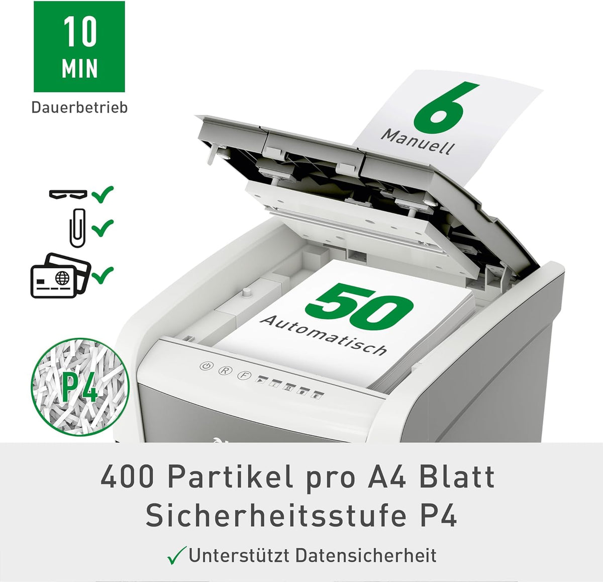 Destructora de documentos Leitz IQ Autofeed Small Office, tritura pilas de 50 hojas de papel, ahorra tiempo con alimentación automática, corte en partículas P4, papelera de 20 L, funcionamiento silencioso para oficina, 80350000