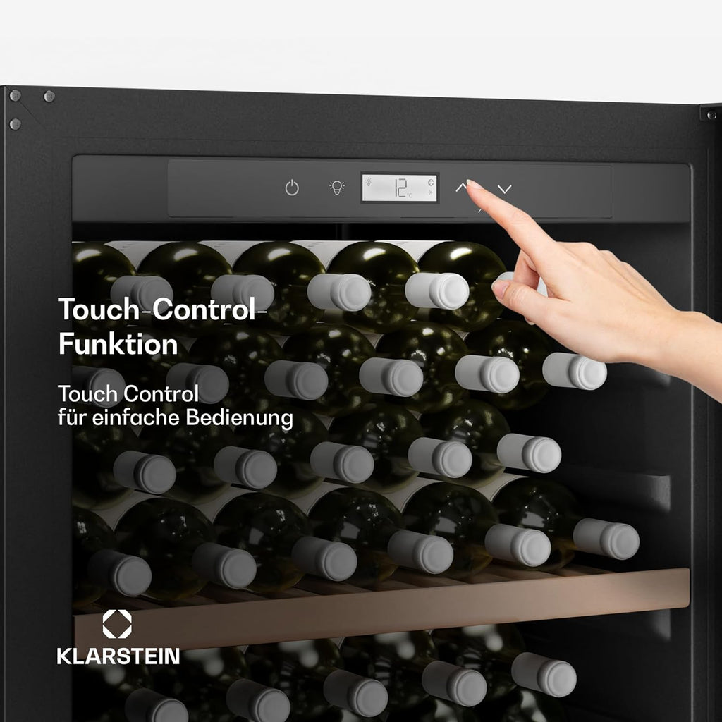 Nevera para vinos Klarstein CellarMax de libre instalación - 155 botellas, 5-20 °C, control táctil, puerta de metal, estantes de madera, alarma, clase energética E, vinoteca grande