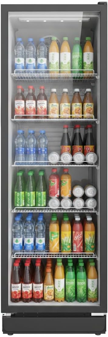 SCHOEPF Refrigerador con puerta de cristal - refrigerador comercial para bebidas - refrigeración por aire forzado - refrigerador con puerta de vidrio - 347 l - 5 estantes de rejilla ajustables - 194,5 cm de altura - GKS350 (Negro)