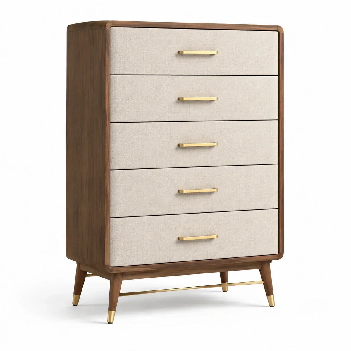 Cómoda de madera, lino beige con tiradores dorados