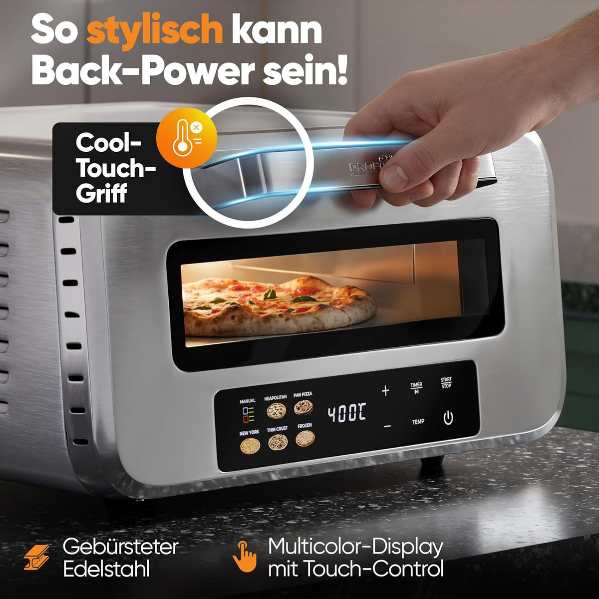 Horno para pizza eléctrico ProfiCook® | 400°C | piedra para pizza auténtica | incluye pala para pizza | ajuste variable de tiempo y temperatura | horno eléctrico para pizza | para pizza en menos de 5 min. | pizzera | PC PO 1323