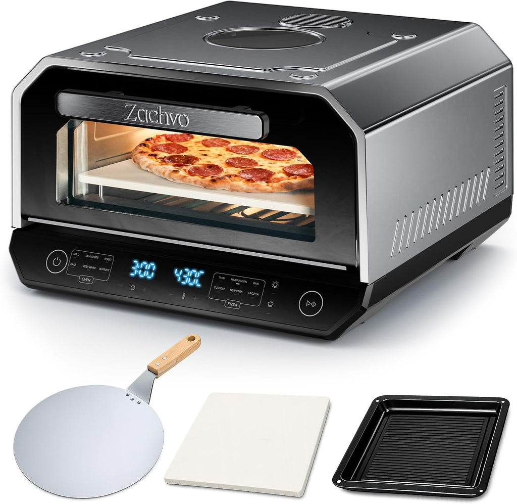 Horno para pizza eléctrico 450°C – Pizza napolitana en 90 segundos, ventana de visualización e iluminación interior, 6 programas y 6 modos de cocción, modo de chef profesional, pala para pizza, piedra para pizza y bandeja de horno, plateado