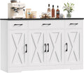 Aparador HOCSOK, armario de cocina de 140 cm de ancho con 2 estantes ajustables, aparador con 3 cajones y 4 puertas, buffet de cocina para salón, cocina, pasillo, blanco y negro