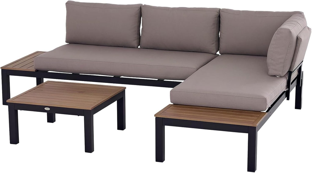 Outsunny 3-teiliges Gartenmöbel-Set mit Beistelltisch, Sofa mit Kissen, Outdoor, Aluminium, 164 x 74 x 69 cm
