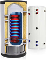 TECHGLOBE - Acumulador de agua caliente sanitaria con 2 intercambiadores de calor (1,8 + 3,1 m²) - Fabricado íntegramente en acero inoxidable - Depósito de agua caliente energéticamente eficiente - con aislamiento de 50 mm (300 L)