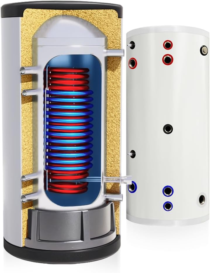 TECHGLOBE - Acumulador de agua caliente sanitaria con 2 intercambiadores de calor (1,8 + 3,1 m²) - Fabricado íntegramente en acero inoxidable - Depósito de agua caliente energéticamente eficiente - con aislamiento de 50 mm (300 L)