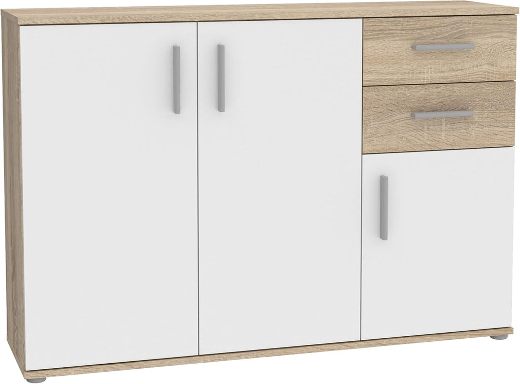 Cómoda Forte IKOLI 120, cómoda moderna, 3 puertas, 2 cajones, salón/dormitorio, pasillo, madera derivada, blanco con decoración de roble Sonoma, 119,6 cm de ancho x 81,7 cm de alto x 31,4 cm de fondo
