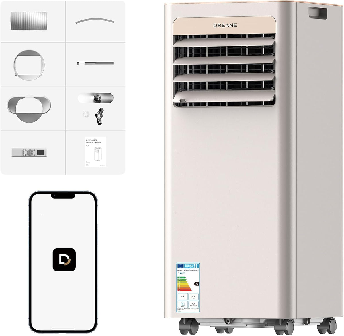 DREAME P-Wind10 7000 BTU Aire acondicionado portátil, 3 en 1: Enfriador, deshumidificador y ventilador. Flujo de aire 3D, control por aplicación y mando a distancia, modo de suspensión, autoevaporación, instalación sencilla