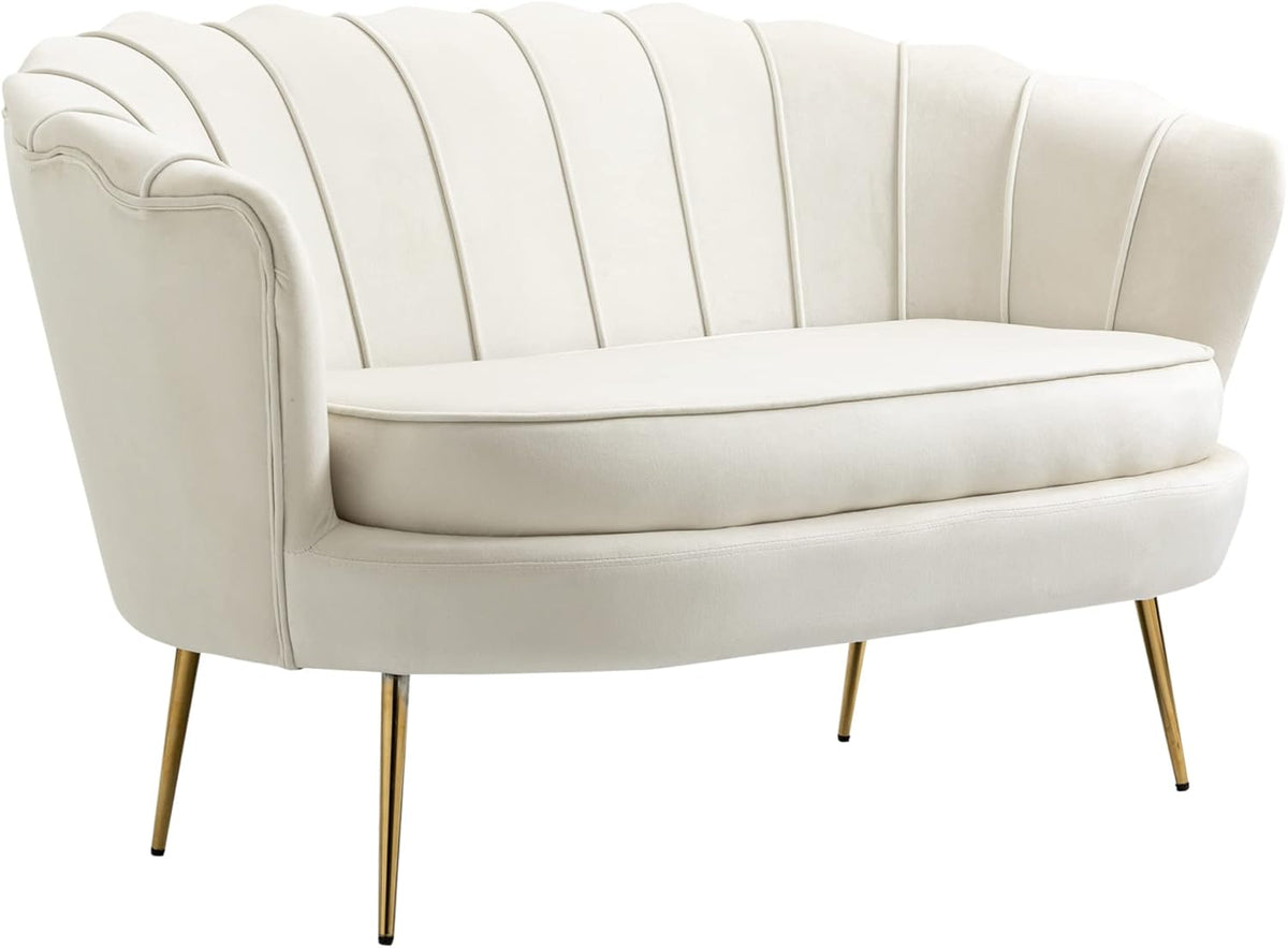 HOMCOM Sofa 2 Sitzer Couch mit Armlehne blütenblattförmiger Rückenlehne Dick Gepolstert Polstersofa Modern Doppelsofa mit Samtoptik, Metallbeine für Wohnzimmer, 130 x 77 x 77 cm, Cremeweiß