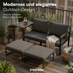 STEELSØN Asteri Sitzgruppe 5-teilig – Gartenmöbel Set mit 2 Sessel, 2 Hocker, 1 Tisch – Balkonlounge Metallgestell Schwarz – inkl. Sitzpolster anthrazit – Terrassenlounge für 2-4 Personen – wetterfest
