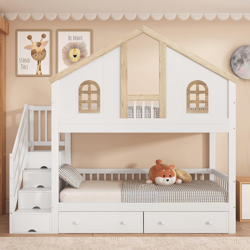 Cama alta Merax 90x200cm, litera infantil para 2 niños, cama casita con escalera, almacenaje y cajones, cama tipo casa del árbol con ventana y techo, protección anticaídas y somier, pino+MDF, sin colchón, blanca