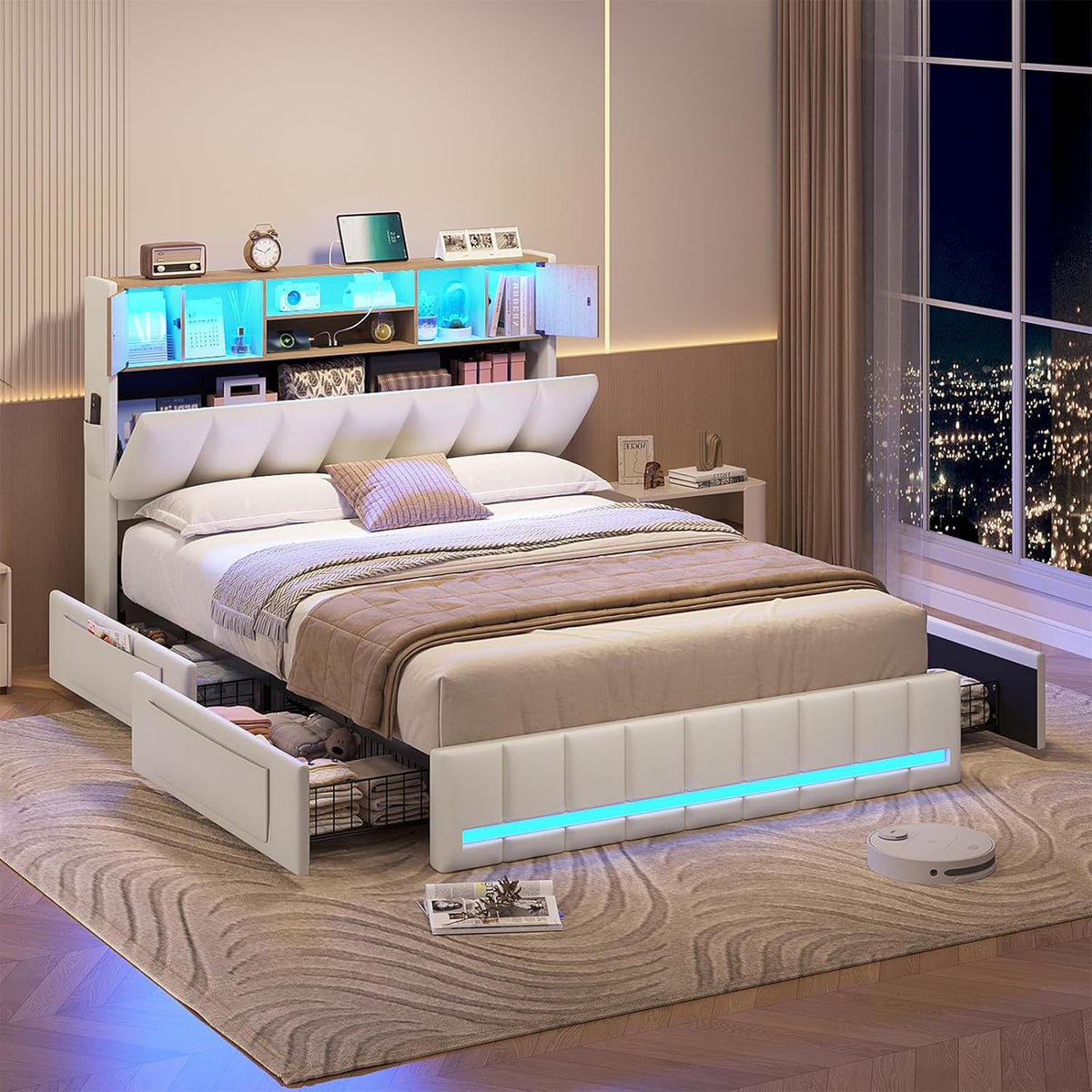 Cama KIMENICH 140x200 cm, estructura de cama doble, cama con iluminación LED, cama tapizada, 4 cajones, estación de carga, marco de metal y cabecero de madera con almacenamiento, para dormitorio, habitación de invitados, blanco + natural
