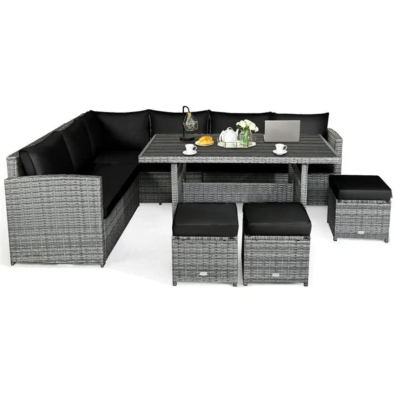 Conjunto de muebles de comedor para patio de 7 piezas de ratán con sofá seccional, mesa de comedor, otomanas y cojines