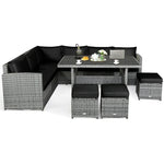 Conjunto de muebles de comedor para patio de 7 piezas de ratán con sofá seccional, mesa de comedor, otomanas y cojines