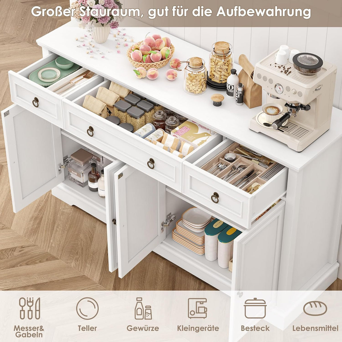 FirFurd Sideboard Küchenschrank mit Arbeitsplatte Buffetschrank Sideboard für Küche Wohnzimmer Wohnzimmerschrank mit 3 Schubladen und 4Türen Küchenbuffet mit Verstellbares Regal 134x87x40 cm weiß