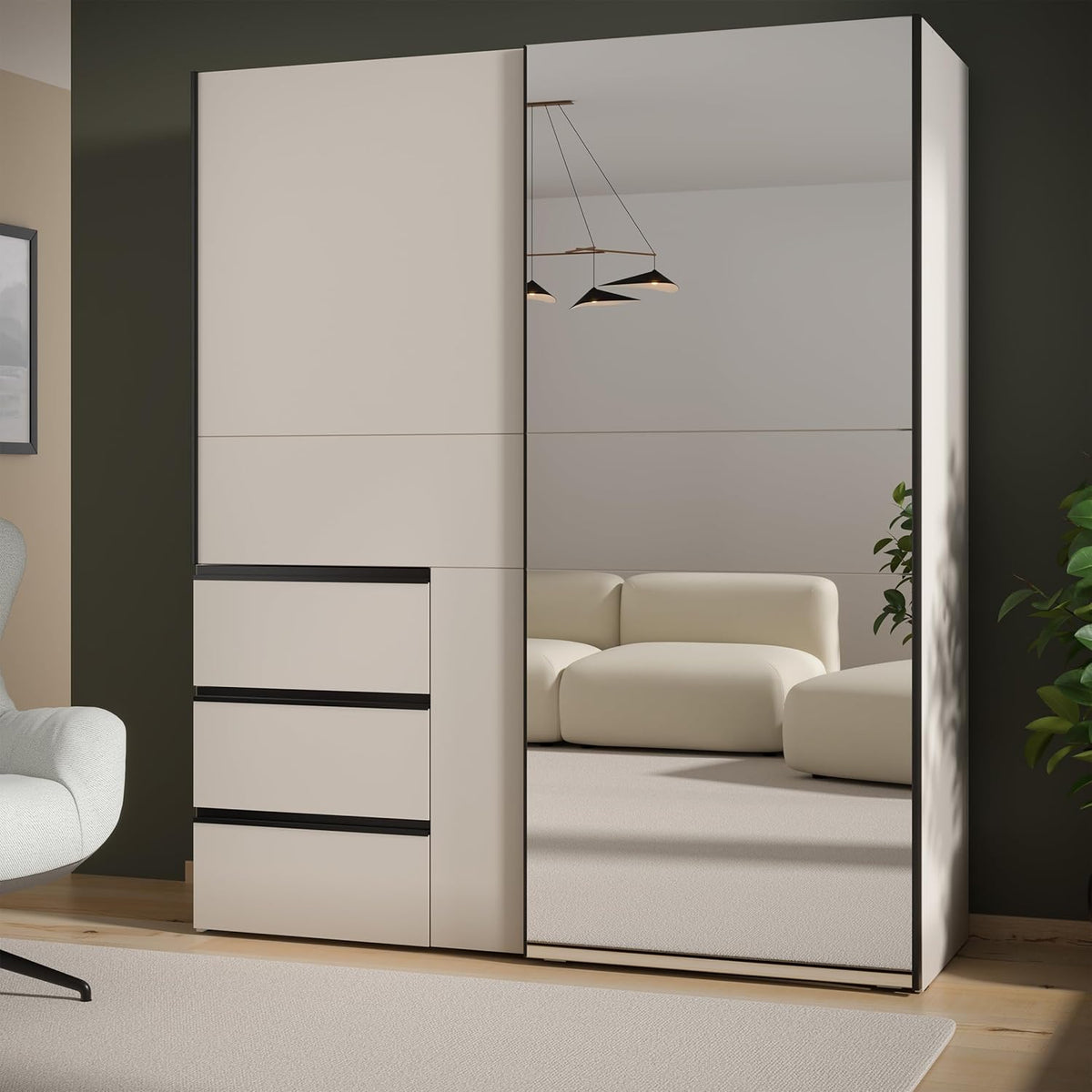Armario moderno Forte Winn 2 de 170, armario con puertas correderas y espejo, 2 puertas, 3 cajones, madera, cachemira|beige, 170,3 cm de ancho x 200,5 cm de alto x 61,2 cm de fondo