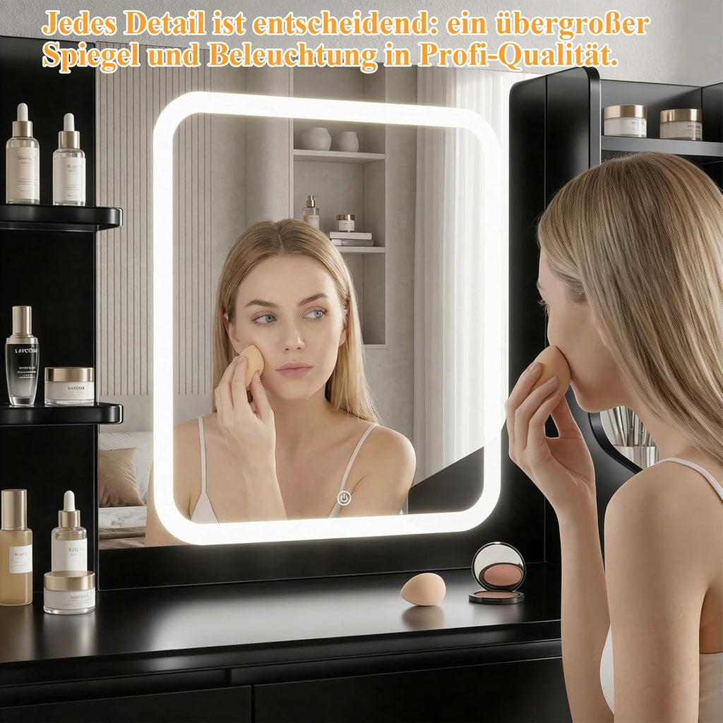 TRIUMPHKEY Tocador con iluminación LED, brillo ajustable, mesa de maquillaje con espejo, tocador moderno con 7 cajones, 4 estantes y 3 compartimentos abiertos para el dormitorio (Negro)