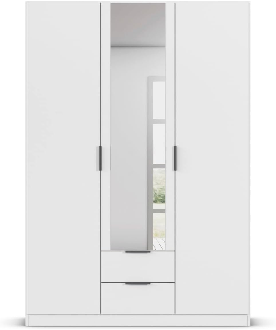 Rauch Möbel Lagoa, Kleiderschrank, Garderobe für Schlafzimmer, Kinderzimmer, Jugendzimmer 3-türig mit Spiegel, 2 Schubladen, mit Zubehör Basic, Farbe Weiß, Breite 136 cm