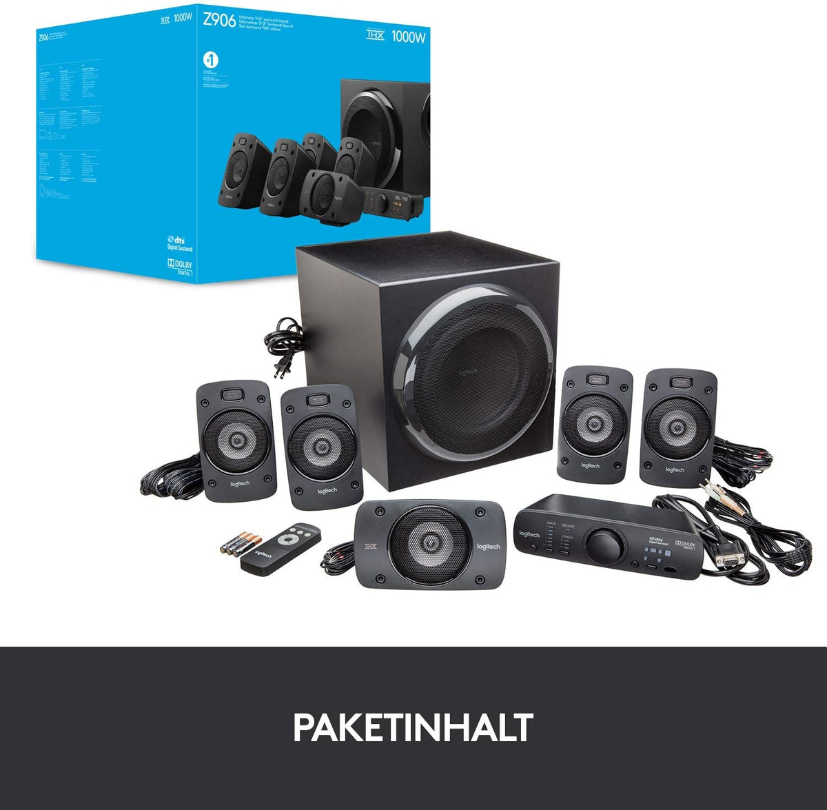 Logitech Z906 5.1 Sound System, Lautsprecher mit 1000 Watt Surround Sound, THX, Mehrere Audio-Eingänge, Fernbedienung, EU Stecker, PC/PS4/Xbox/Stereo-Anlage/TV/Smartphone/Tablet - Schwarz