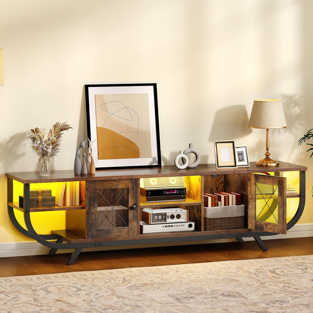 YITAHOME Industrielles TV-Schrank,160cm TV Lowboard für Fernseher bis zu 65 Zoll mit LED-Beleuchtung,Wohnzimmer Fernsehschrank TV Board mit Offenen Stauraum,Vintagebraun