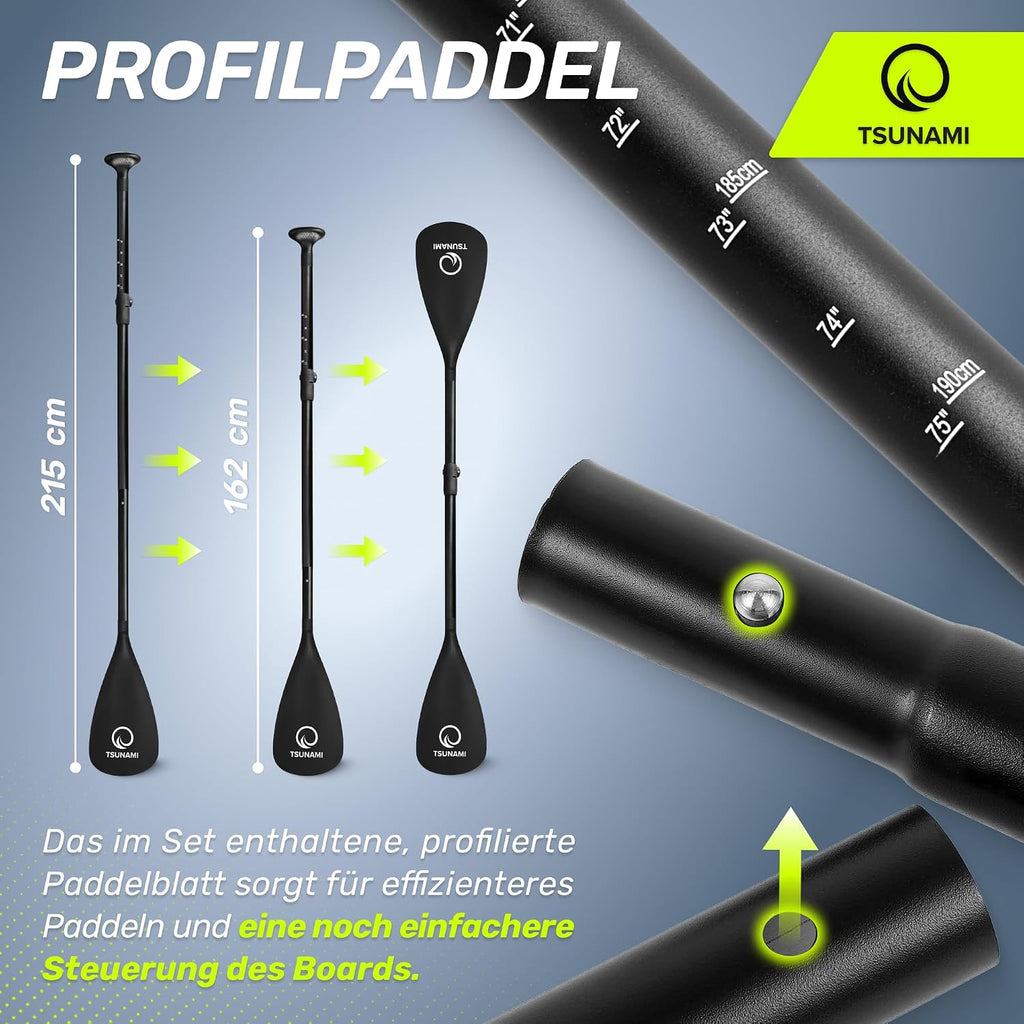 Tabla de Stand Up Paddle TSUNAMI PRO, tabla SUP con accesorios completos, bomba y correa de seguridad, capacidad de carga de hasta 160 kg, longitud 350 cm, material doble y refuerzos internos adicionales
