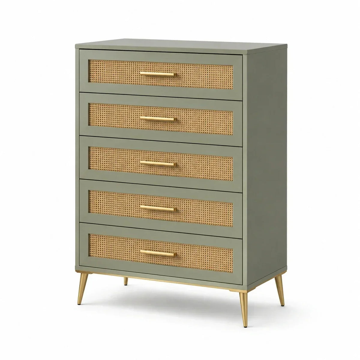 Cómoda de MDF y ratán con 5 cajones, verde