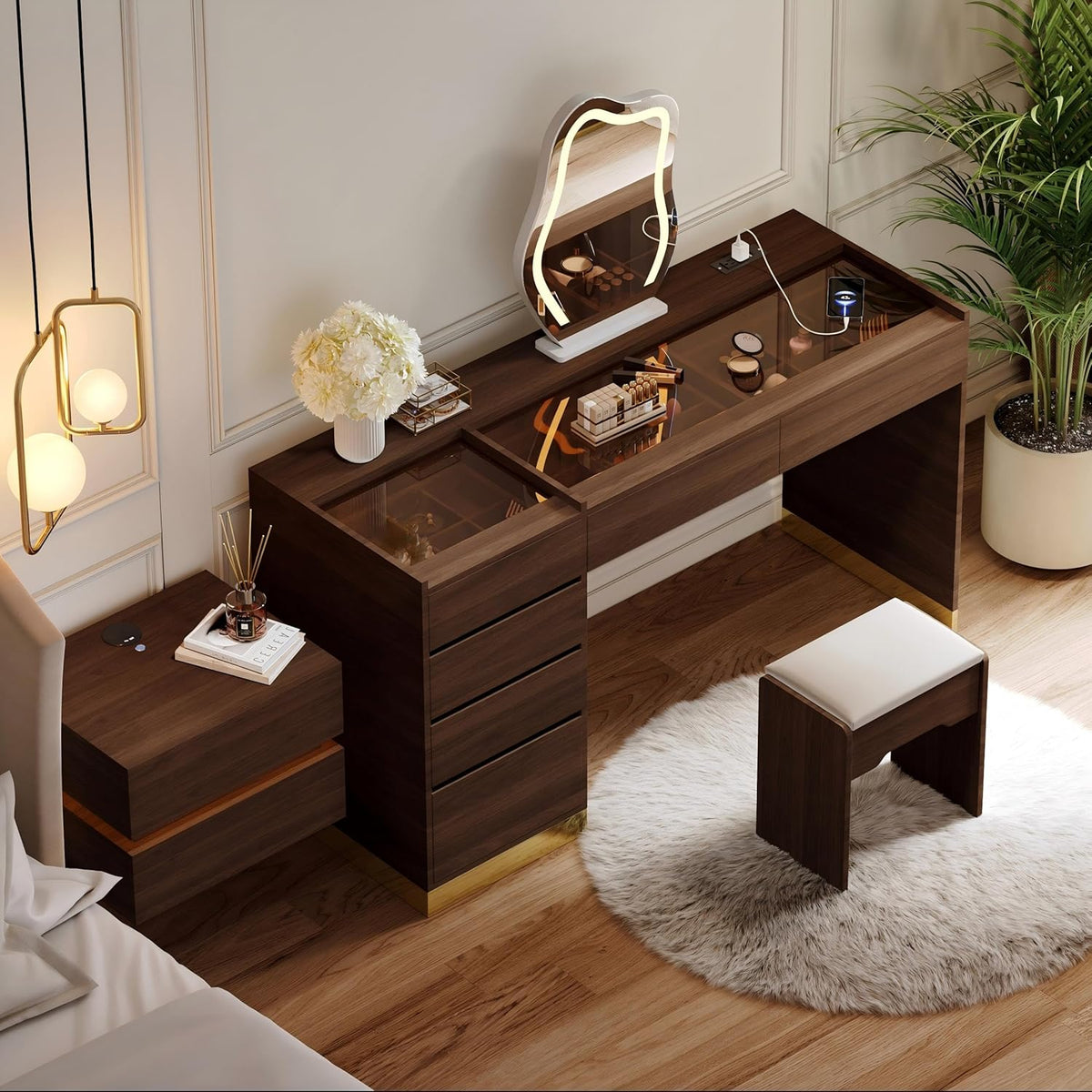 Tocador Homary con espejo, iluminación, estación de carga USB y espacio de almacenamiento, elegante tocador moderno con espejo iluminado de 3 modos y expositor de joyas integrado, nogal