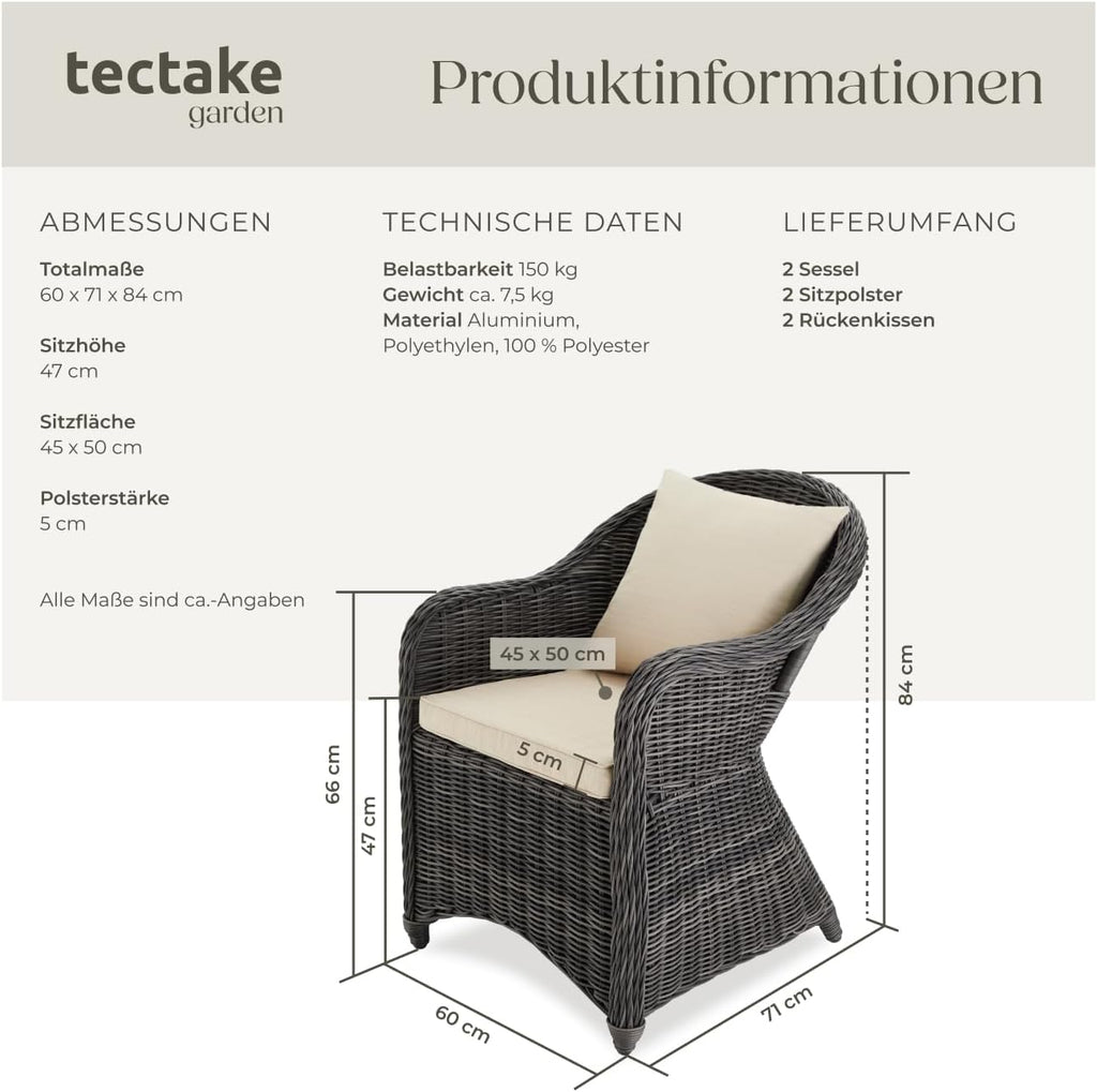 tectake® Alu Polyrattan Gartenstuhl 2er Set, Gartenmöbel Set mit 2 Sessel, wetterfest, Rattan Gartensessel mit weichen Sitzpolster, abziehbarer und waschbarer Bezug, stabil und bodenschonend - grau