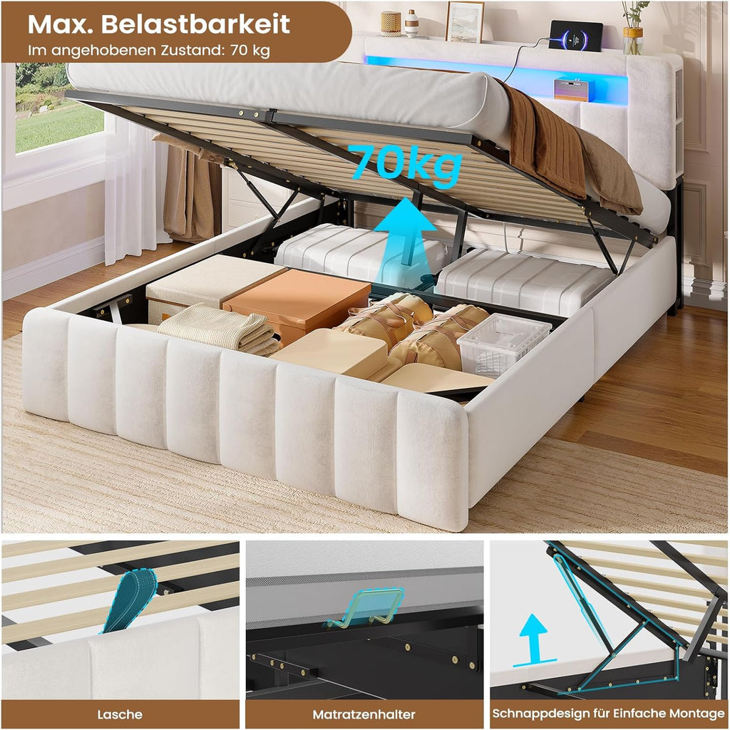 Cama tapizada AOGLLATI 140x200 con almacenamiento, cama hidráulica con iluminación LED y estación de carga, cama juvenil, cama doble, estructura de cama con cabecero de terciopelo - Sin colchón (terciopelo beige, 140x200 cm)