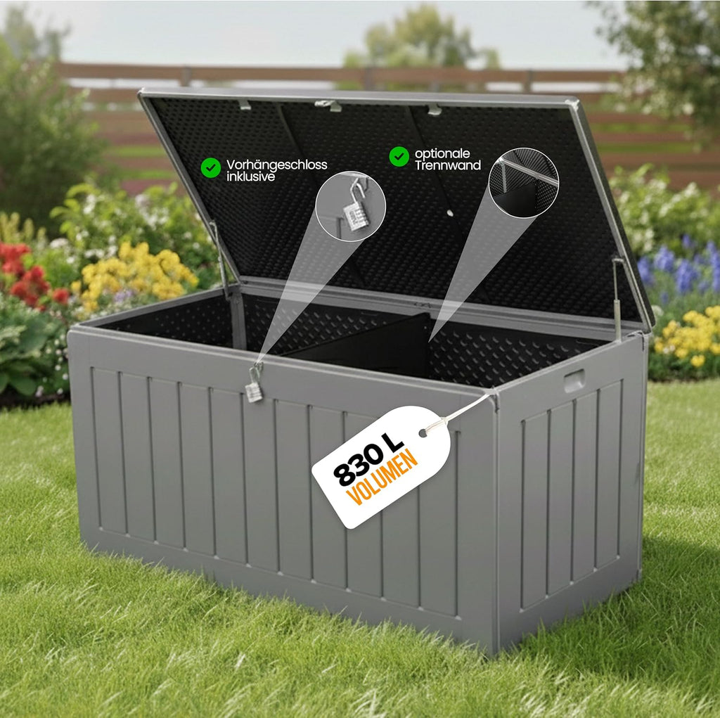 Olsen & Smith Caja de almacenamiento XXL 830L, baúl de jardín con tapa grande, caja impermeable para cojines, armario de jardín para cojines y cajas de almacenamiento para jardín, balcón, terraza, color antracita, caja para paquetes