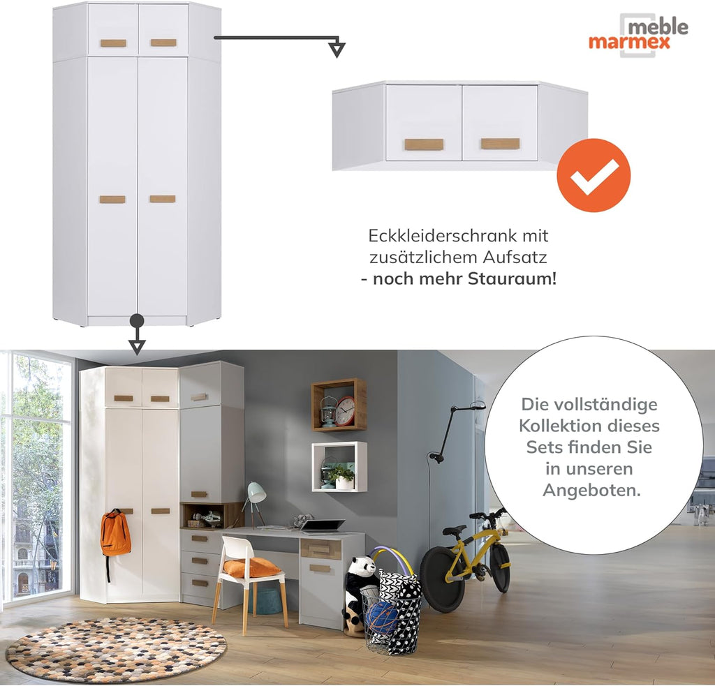Marmex Grant G8+G15 - Eckschrank 91x235x91 cm, Bücherregal - Eckgarderobe mit Kleiderstangen und Einlegeböden für das Jugendzimmer, Schlafzimmer - Eckkleiderschrank - weiß + Riviera Eiche