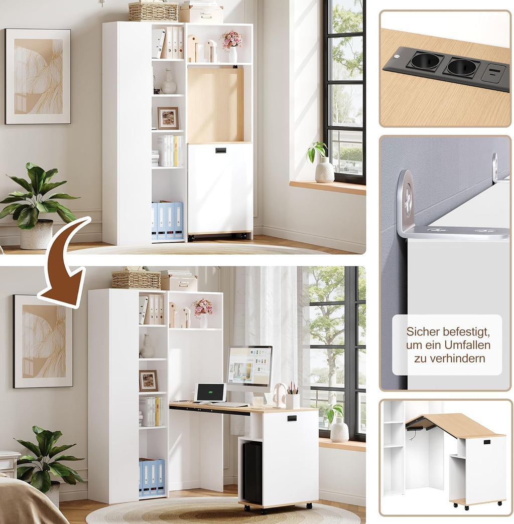 Merax klappbarer 2-in-1 Schreibtisch mit Ablagen, Steckdose & USB, Kippschutz, Eck-Schreibtisch Links – Homeoffice, Studentenwohnung, platzsparend, funktional, Regal & Arbeitsplatz, Weiß