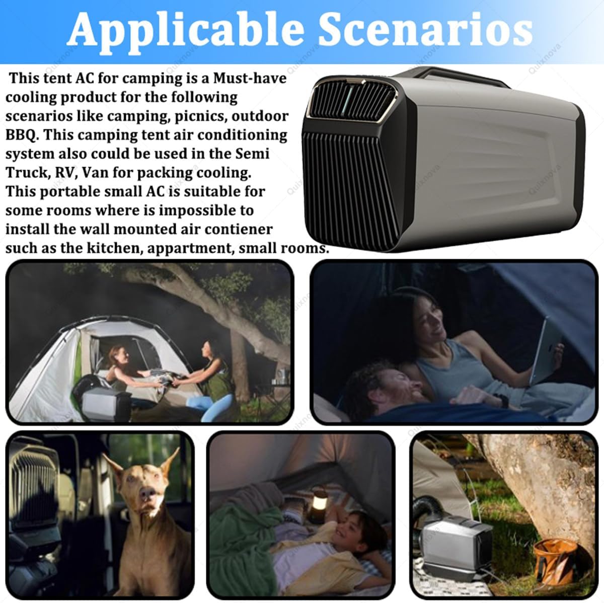 Aire acondicionado portátil para camping de 5200 BTU, unidad silenciosa 4 en 1 con mando a distancia, aire acondicionado móvil para tienda de campaña, caravana, coche, garaje, uso interior y exterior A-12V