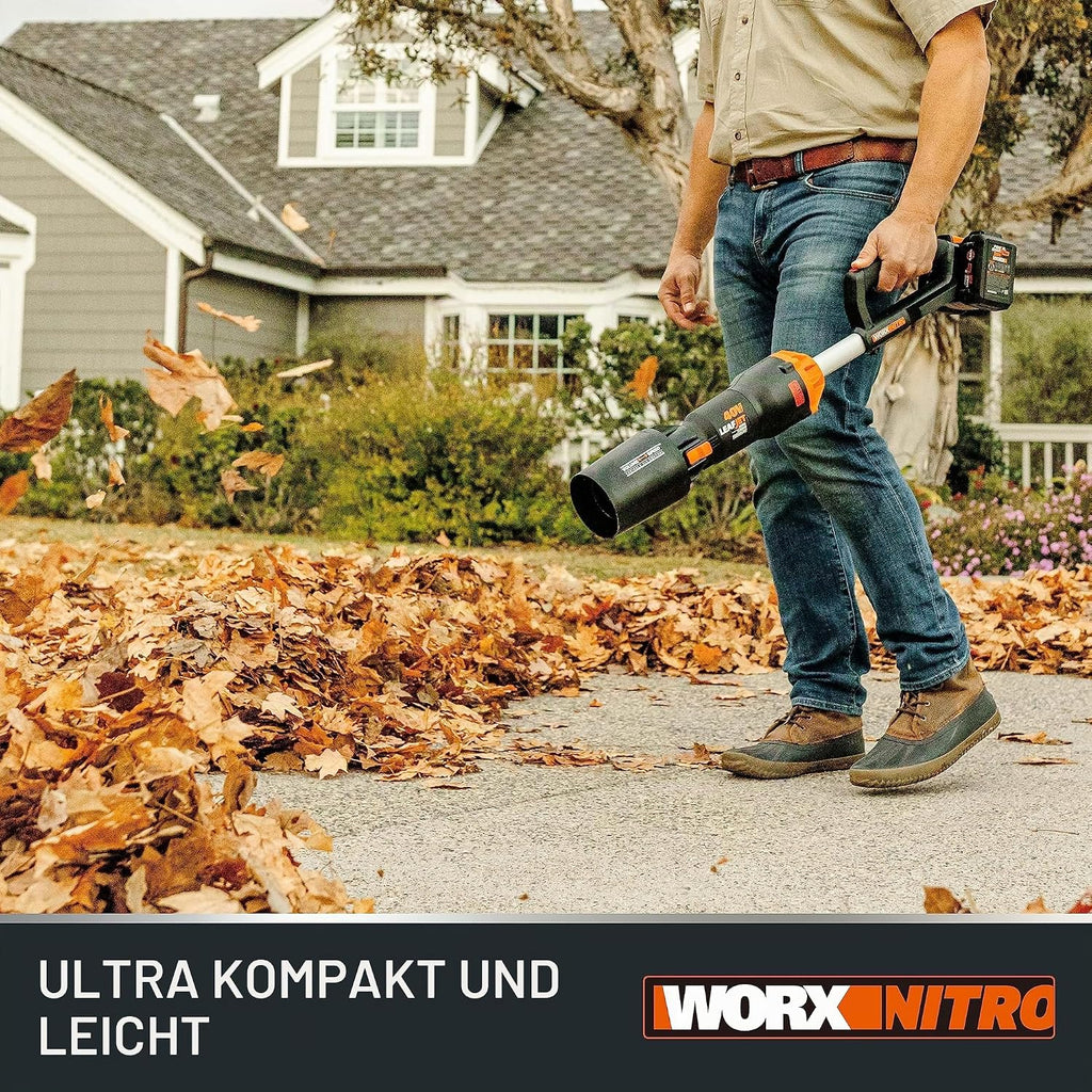 Soplador de hojas inalámbrico WORX Nitro 40V WG585E - motor sin escobillas - 3 velocidades y modo turbo - velocidad del aire 266 km/h - caudal de aire 1053 m³/h - incluye 2 baterías de 4Ah y cargador rápido doble de 4A