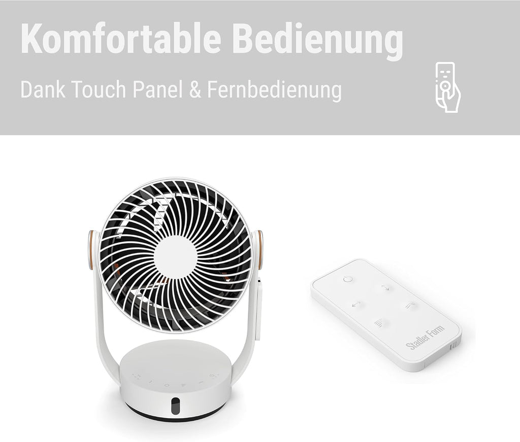 Circulador de aire 3D Stadler Form Leo, ventilador con función de oscilación horizontal y vertical, gran alcance de hasta 8 m, con mando a distancia, blanco