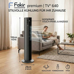 Ventilador de torre Fakir Premium TV° 640 - Ventilador silencioso de 32dB(A), motor CC, 12 niveles, temporizador de 12h, pantalla LED, mando a distancia y oscilación de 90°, purificación de aire, 450m³/h, 110cm de altura, color: antracita