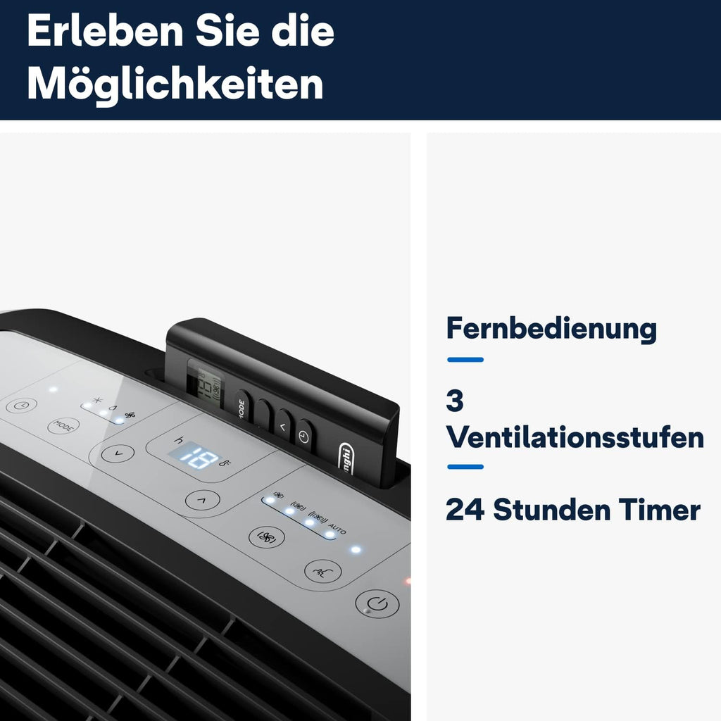 De'Longhi Pinguino - Mobiles Klimagerät, für Räume bis 29 m², mit Luftentfeuchter & Ventilator, 9800 BTU, Leiser Betrieb, Fernbedienung, 24h-Timer, Energieeffizienzklasse A (PACEM90)