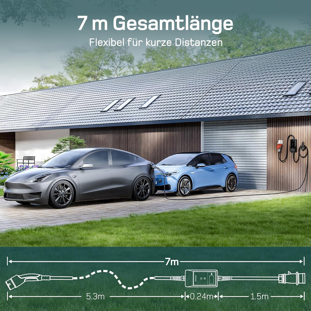 dé Mobile Wallbox/Ladestation 22kW Mit App [3-phasig|7m|6-32A] mit stromzähler, Ladekabel CEE 32A auf Typ 2 und EV Ladegerät für Model Y/3, ID.3/4/5, MG4, EX30, e-up, e-tron und andere EV/PHEV