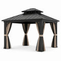 Gazebo de jardín de aluminio y acero con cortinas de poliéster, negro/beige, 300x300x280 cm