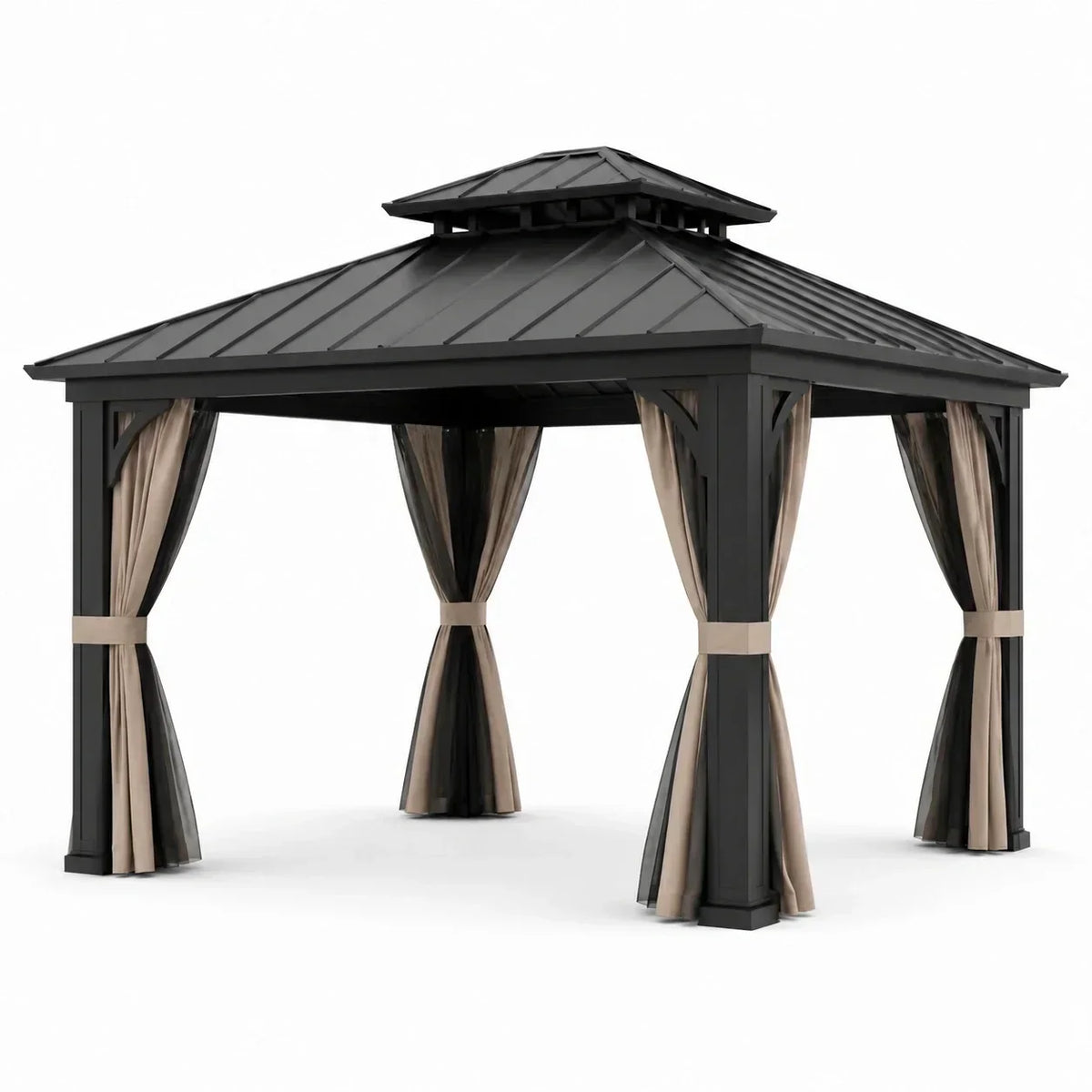 Gazebo de jardín de aluminio y acero con cortinas de poliéster, negro/beige, 300x300x280 cm
