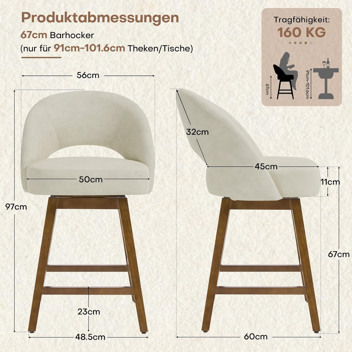 Juego de 2 taburetes de bar con respaldo, núcleo de muelles y acolchado de 11 cm, taburete de bar giratorio de 67 cm de altura, silla de bar con piel sintética de fácil cuidado y patas de madera maciza, taburete de mostrador para isla de cocina, beige