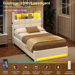 Cama tapizada AOGLLATI 90×200 cm, cama hidráulica con almacenamiento e iluminación LED, cama juvenil con estación de carga, cama individual con cabecero con almacenamiento, tela de lino, sin colchón (beige, 90x200 cm)