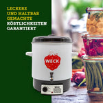 Esterilizador automático WECK WAT14-A de esmalte con termostato de precisión y grifo – Olla conservadora de 29 L, hervidor de vino caliente, extractor de jugo al vapor, máquina para conservas – Fabricado en Alemania, de alta calidad y versátil