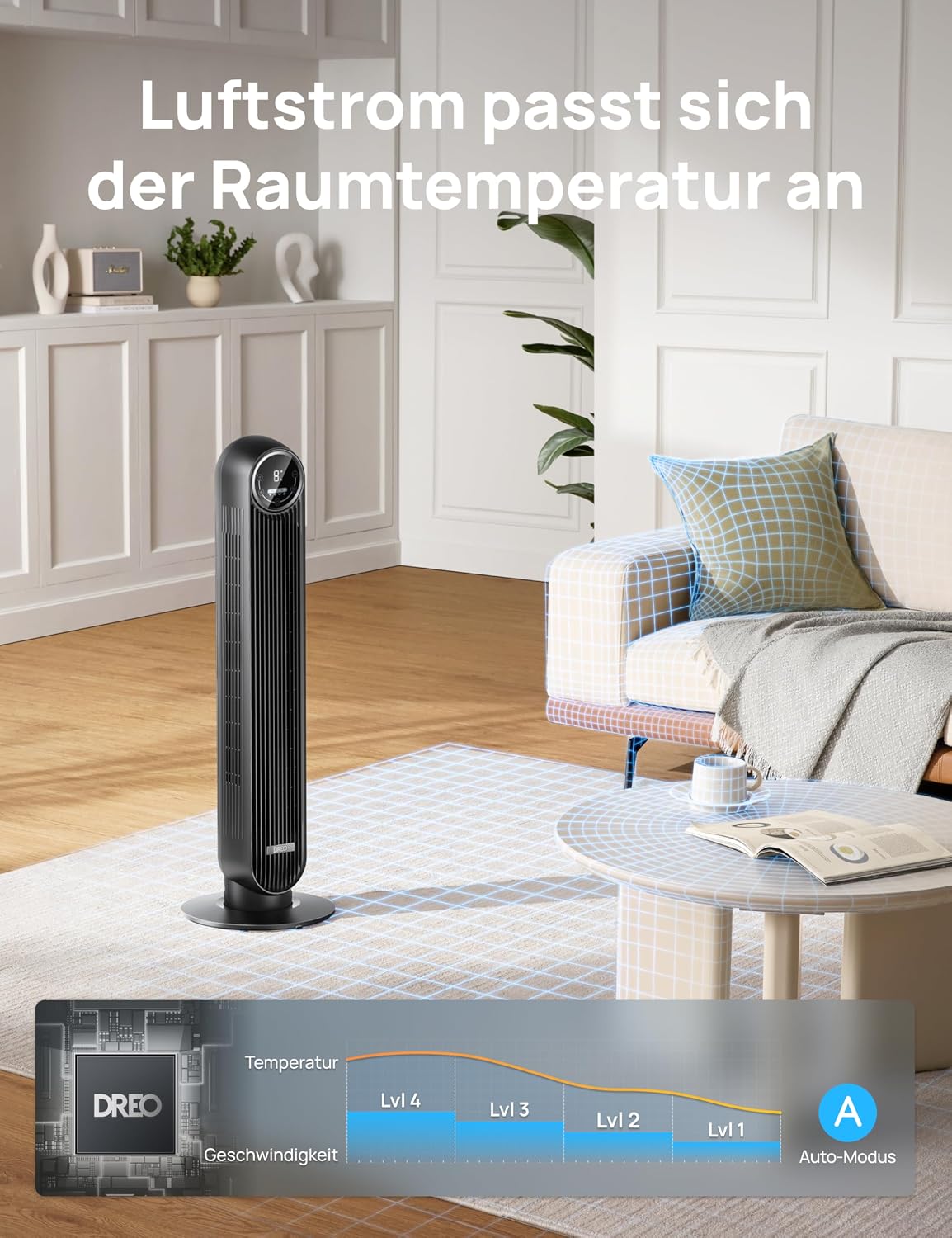Ventilador de torre Dreo para dormitorio, velocidad de 7,6 m/s, ventilador de pie silencioso de 20 dB, ventilador oscilante de 90° con 4 velocidades, 4 modos, temporizador de 8 h, Nomad One, negro