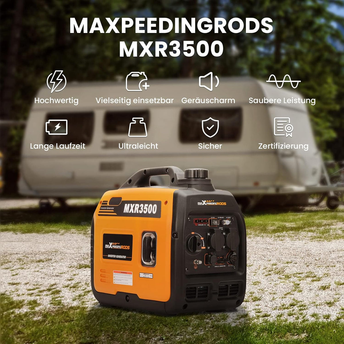 Generador inversor maXpeedingrods 3300W, generador de gasolina de 4 tiempos con USB y enchufes de 230V, ligero, como generador de emergencia para cortes de energía, camping, caravanas, garaje y obras de construcción